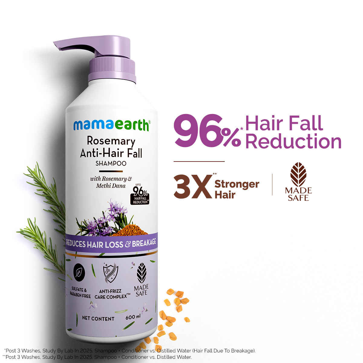 Buy Mamaearth Rosemary Anti-Hair Fall Shampoo with Rosemary & Methi Dana for Reducing Hair Loss & Breakage - 600 ml | Up to 94% Stronger Hair | Up to 93% Less Hair Fall | Sulphate Free Shampoo | For Men and Women - Purplle