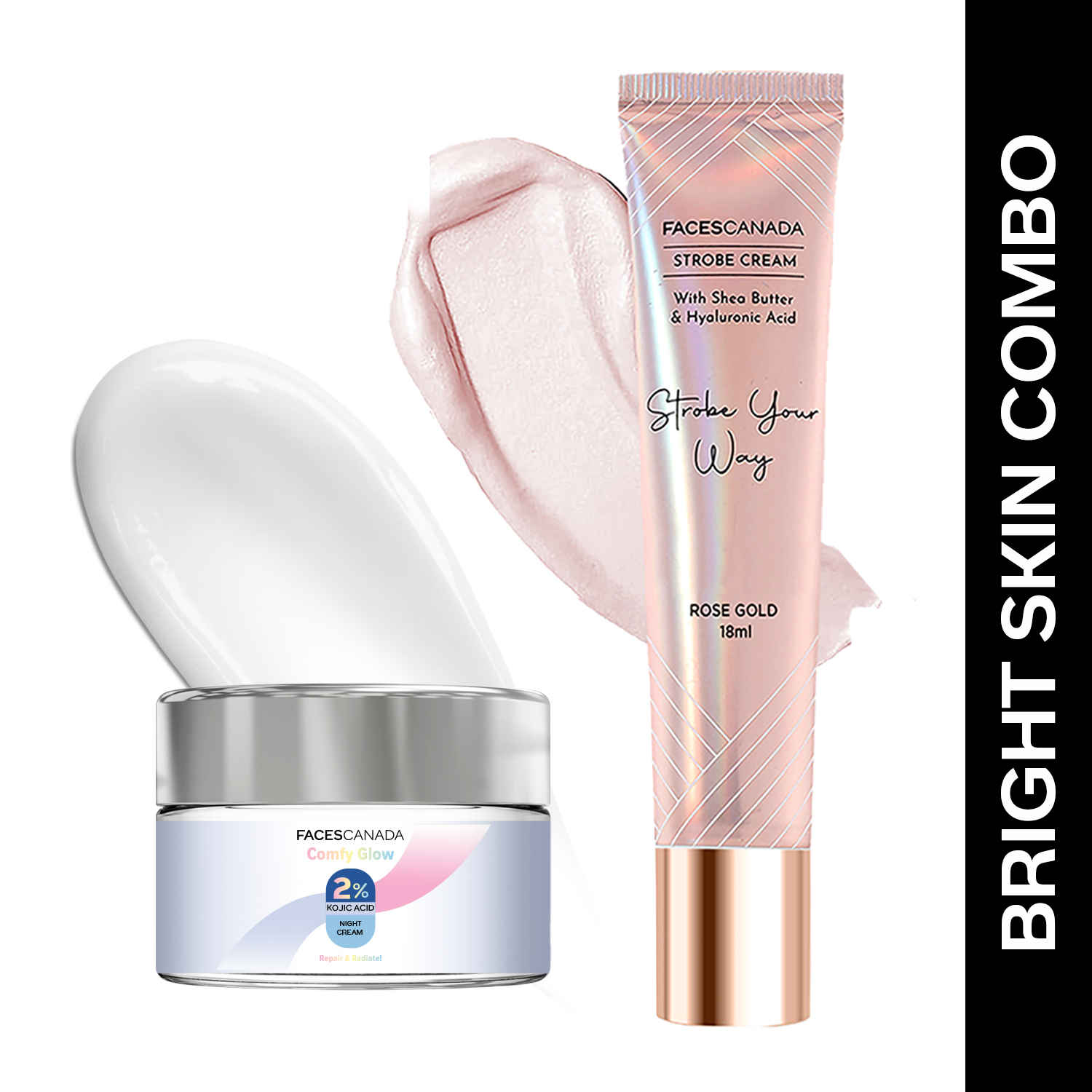 Buy FACES CANADA Bright Skin Combo - Strobe Cream - Rose Gold, 18 ml + Comfy Glow 2% Kojic Acid Night Cream, 25 gm | Kojic Acid Brightening Cream | Fades Dark Spots & Acne Marks | Flawless Radiant Dewy Skin | Glowing Makeup Base - Purplle