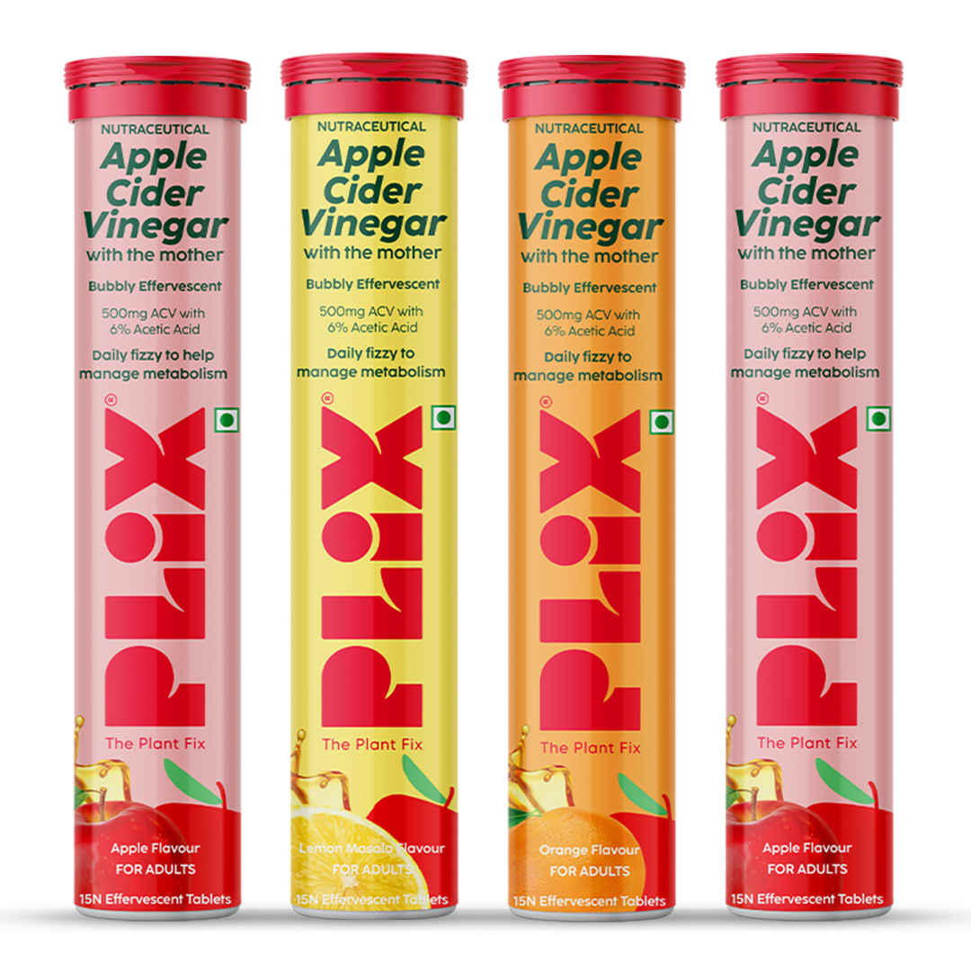 Buy PLIX Apple Cider Vinegar Effervescent for Weight Loss Multi Flavour - Apple Burst, Orange Squeeze, Lemon Masala & Juicy Watermelon - 60 Tablets(Variety Pack of 4) (ACV) - Purplle