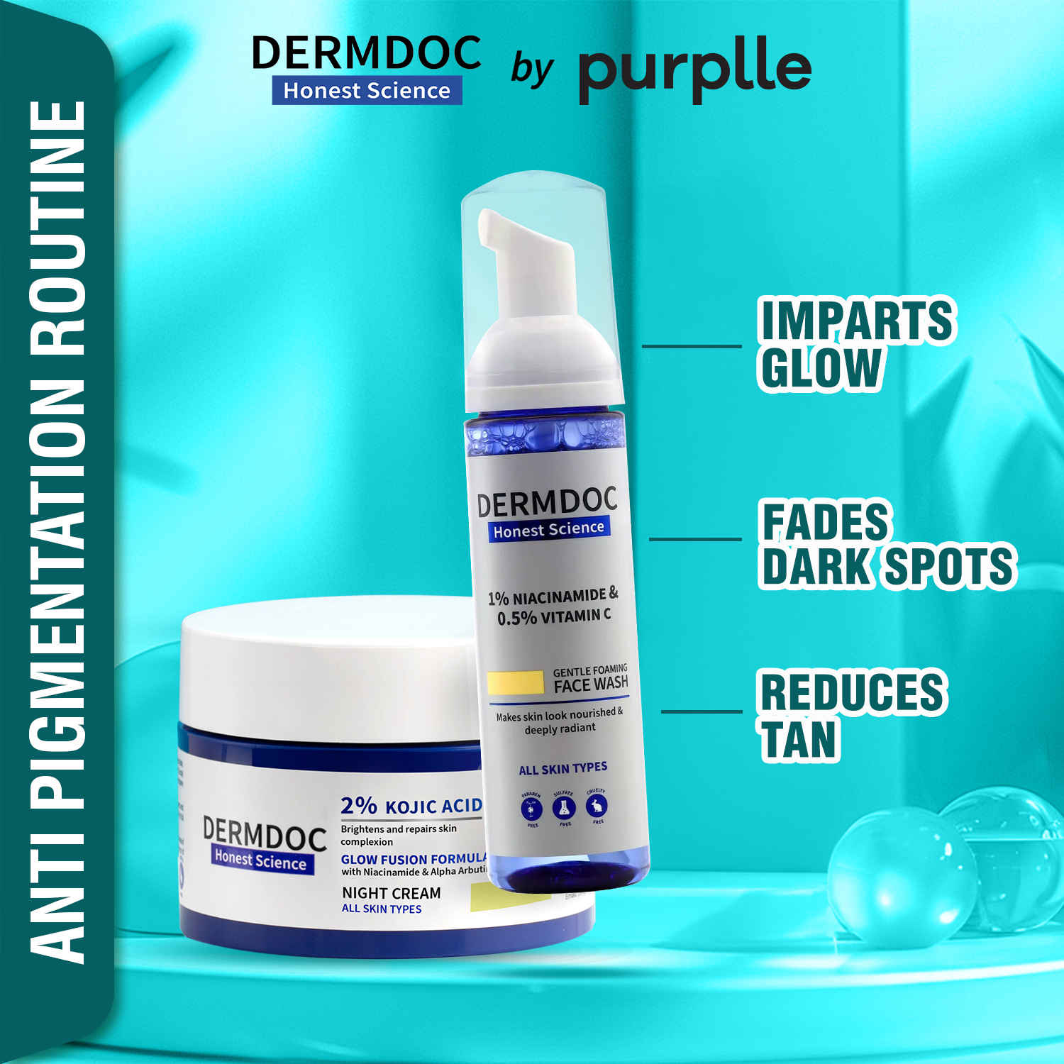 Buy DERMDOC by Purplle 1% Niacinamide & 0.5% Vitamin C Foaming Face Wash for Glowing Skin (80 ml) | 2% Kojic Acid Night Cream with Niacinamide & Alpha Arbutin for Skin Brightening (50 gm) - Purplle