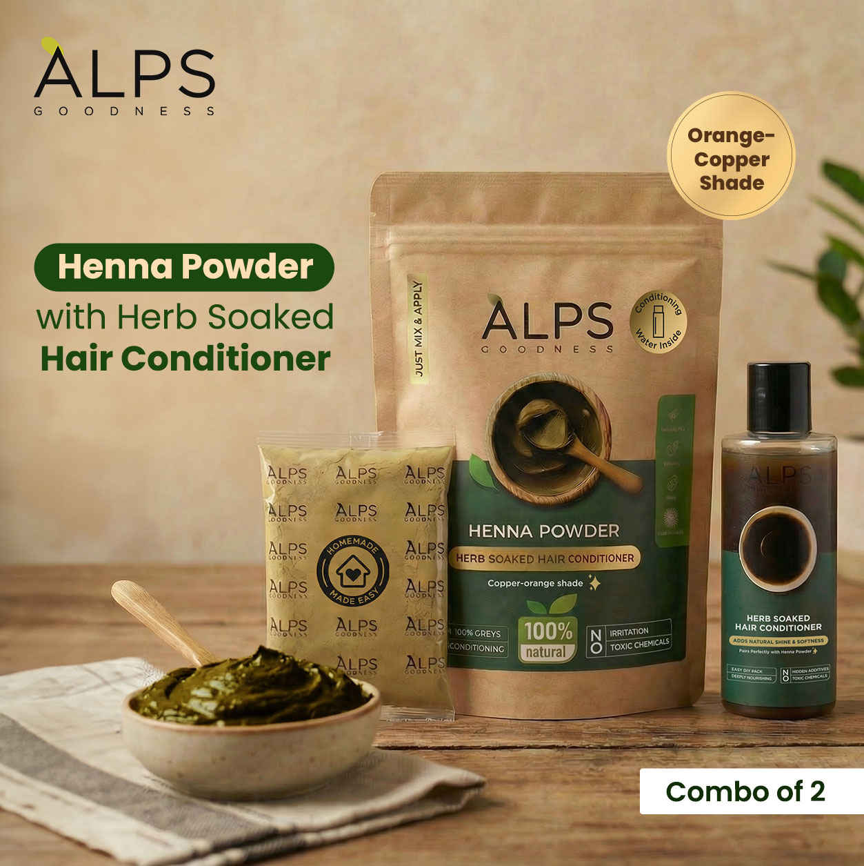 Buy Alps Goodness Henna Powder with Herb-Soaked Hair Conditioner | Henna Powder | Conditioning water | Ready-to-Mix Herbal Henna Kit | Henna for hair | Grey Coverage & Conditioning | No Toxic Chemicals | 50 gm + 150 ml - Purplle