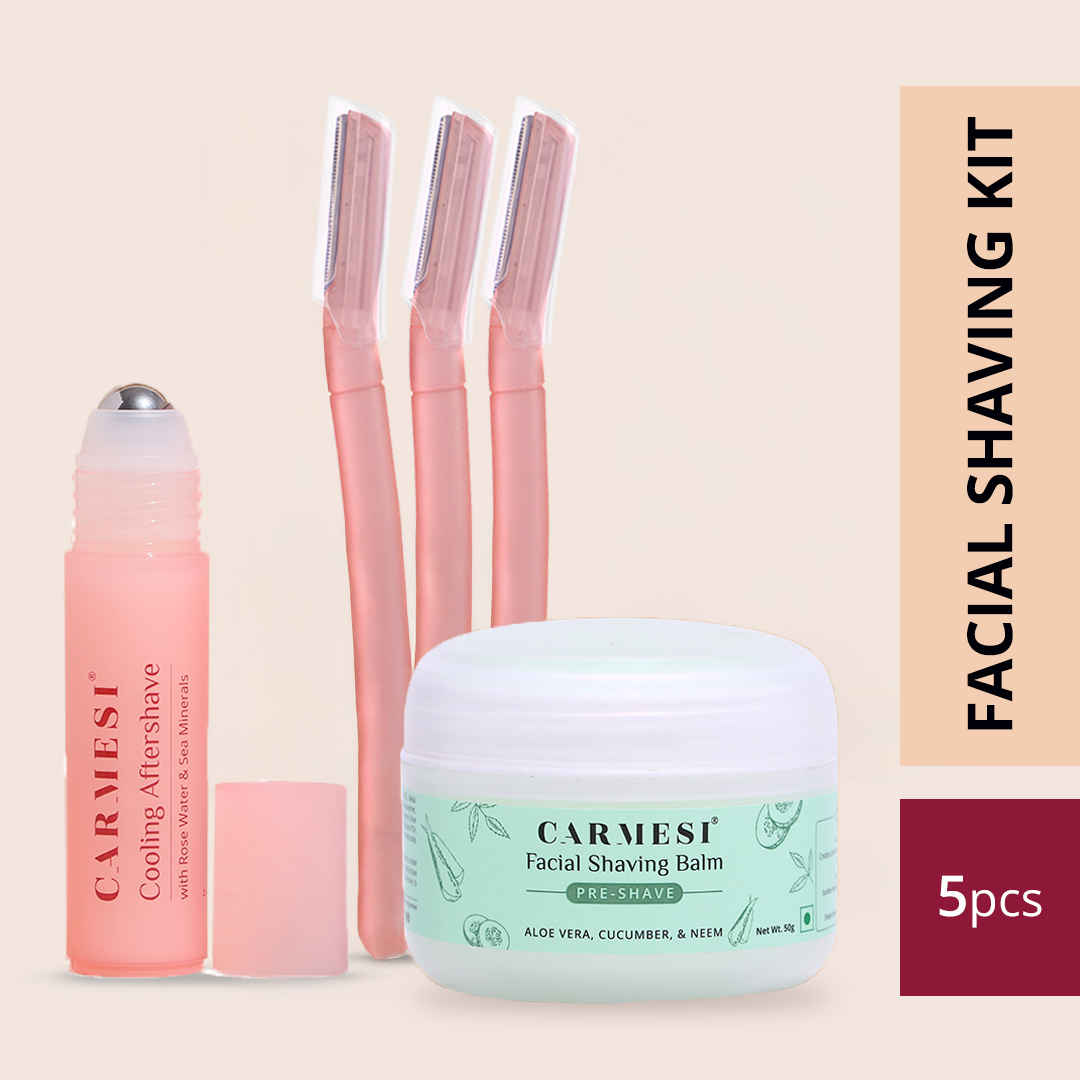 Buy Carmesi All-In-One Face Shaving Kit (1 Pre-Shave Balm + 3 Reusable Face Razors + 1 Aftershave Roll On) - Purplle