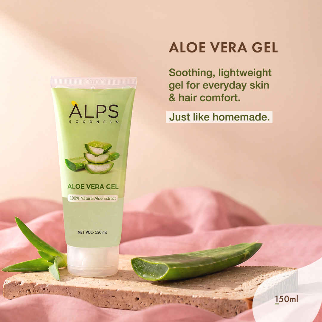 Buy Alps Goodness Aloe Vera Gel | With 100% Natural Aloe Extract | Hydrating, Cooling & Soothing Gel for Face, Hair & Body | Heals Sunburn, Razor Burns & Dryness | Lightweight, Non-Sticky & Paraben-Free – 150 ml - Purplle