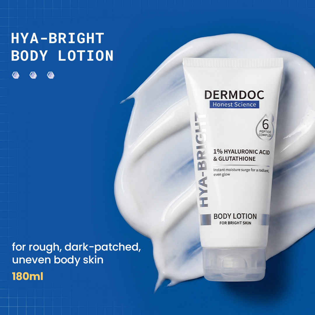 Buy DERMDOC Hya-Bright Body Lotion (180 ml) | With Glutathione, Hyaluronic Acid, Peptides & Niacinamide | Deep Moisturization | Evens Skin Tone | Non-Greasy | For Normal, Dry & Combination Skin - Purplle