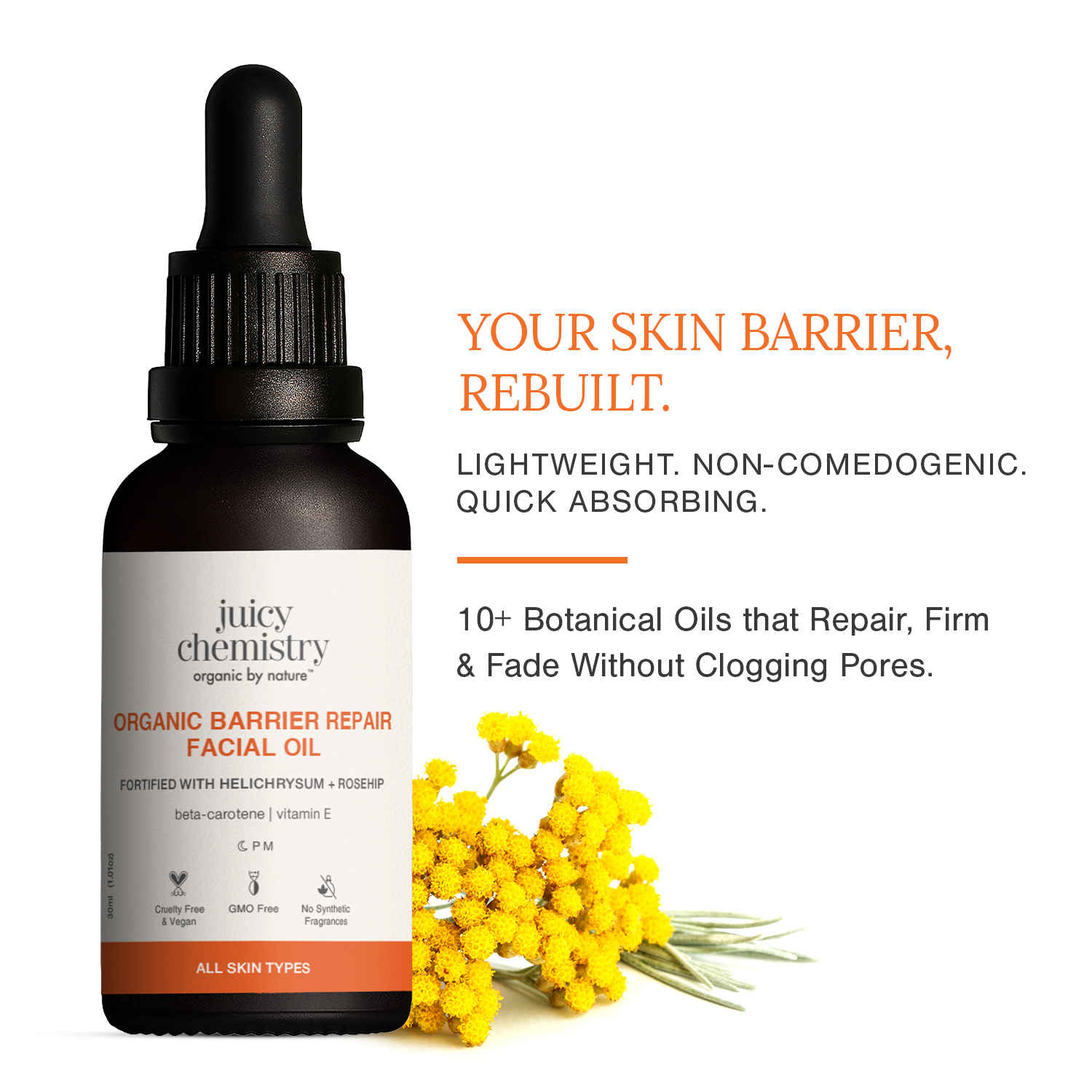 Buy Juicy Chemistry Organic Barrier Repair Facial Oil with Helichrysum + Rosehip, 30 ml | Repairs Skin Barrier | Reduces Pigmentation & Dark Spots | Boosts Glow | Promotes Even Skin Tone | Dermatologically Tested - Purplle