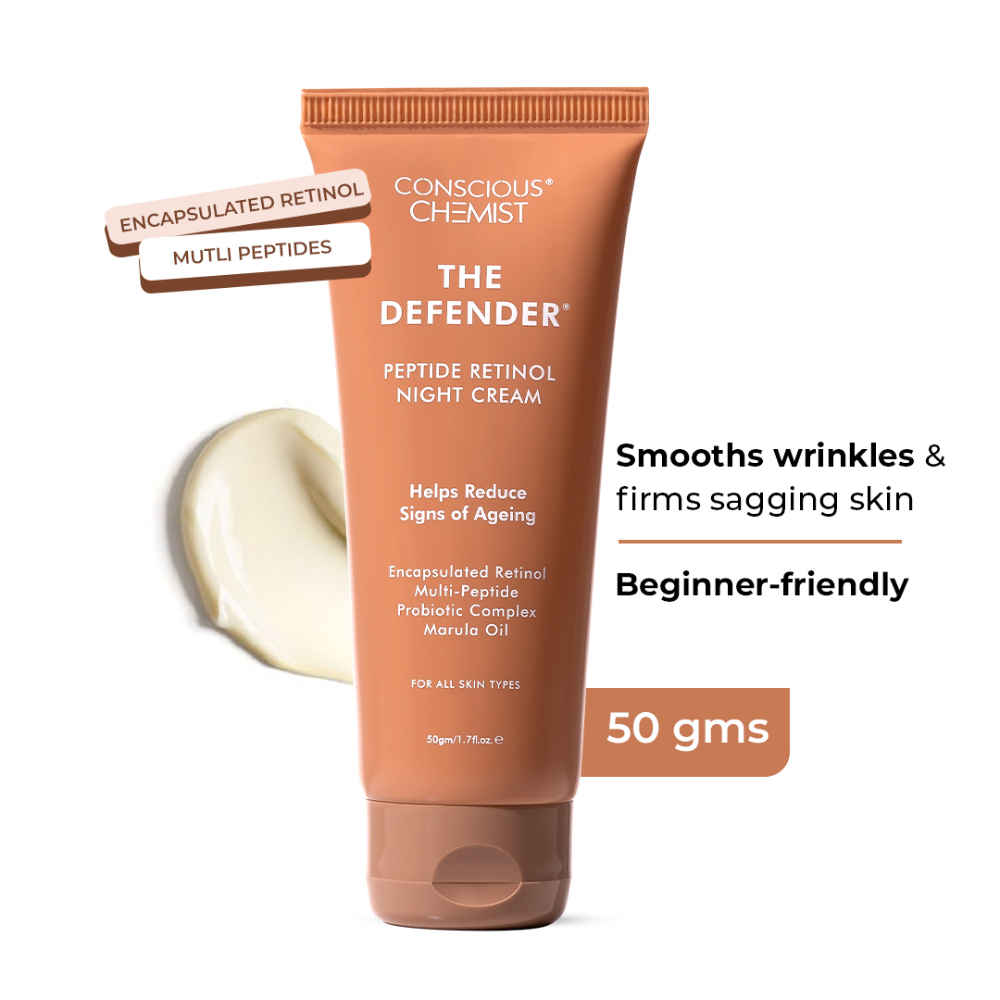 Buy Conscious Chemist The Defender Night Cream | 0.5% Retinol Moisturizer Cream | 50 gm | Night Cream, Face Cream for Men & Women, Multi peptide Anti aging cream, Reduces Fine lines, Neck lines & Wrinkles, All Skin Types - Purplle
