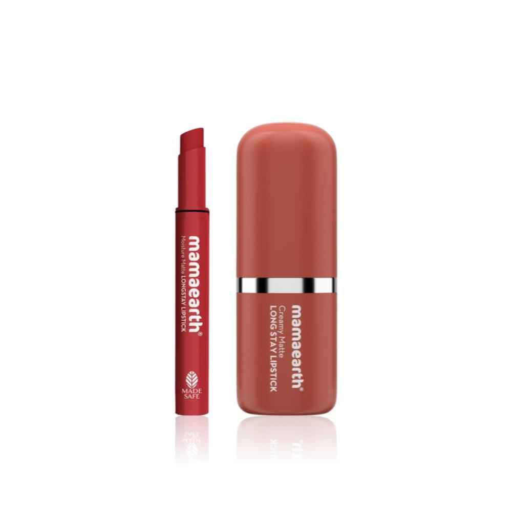 Buy Mamaearth Lip Color Duo (Creamy Matte Long Stay Lipstick | Murumuru Butter & Vitamin E | Apricot Taupe 4.2 gm + Moisture Matte Longstay Lipstick | Avocado Oil & Vitamin E | Raspberry Scarlet 2 gm) Combo of 2 - Purplle