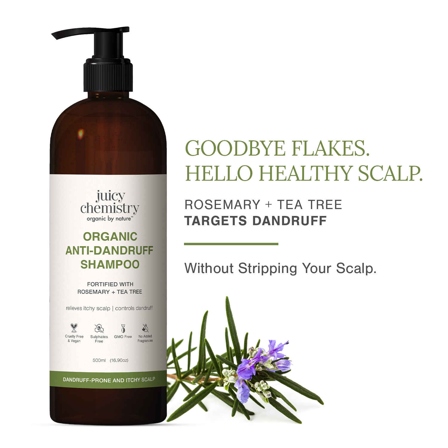 Buy Juicy Chemistry Organic Anti-Dandruff Shampoo with Rosemary & Tea Tree, 500 ml | Reduces Itchy Scalp & Flakiness | Controls Dandruff | Smoother & Shinier Hair | Suitable for Daily Use | Dermatologically Tested - Purplle