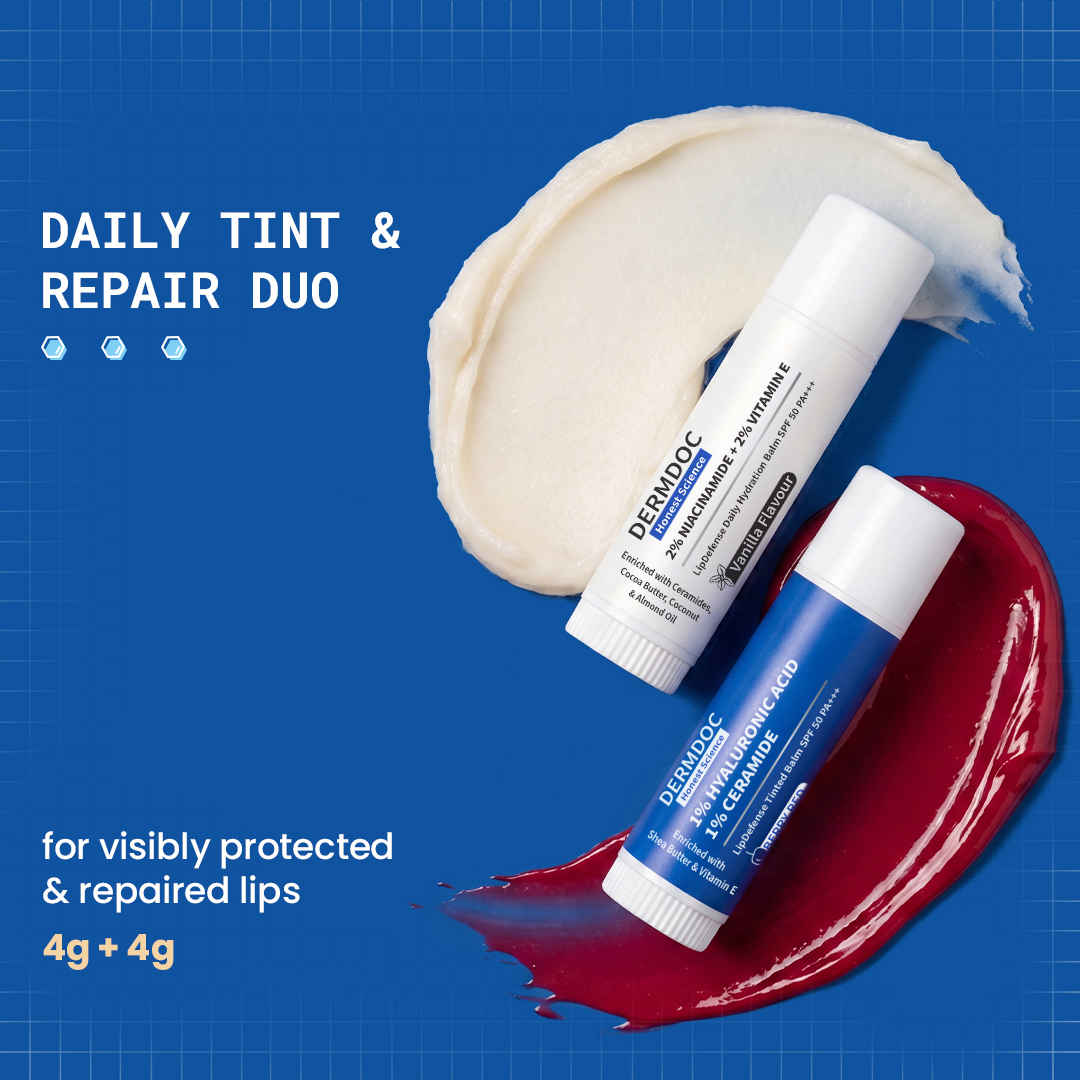 Buy DERMDOC Daily Tint & Repair Duo (Combo of 2) | Tinted Lip Balm SPF 50 with High Tint Coverage (4 gm) | Non-Tinted Lip Balm for Soft Smooth Lips (4 gm) - Purplle