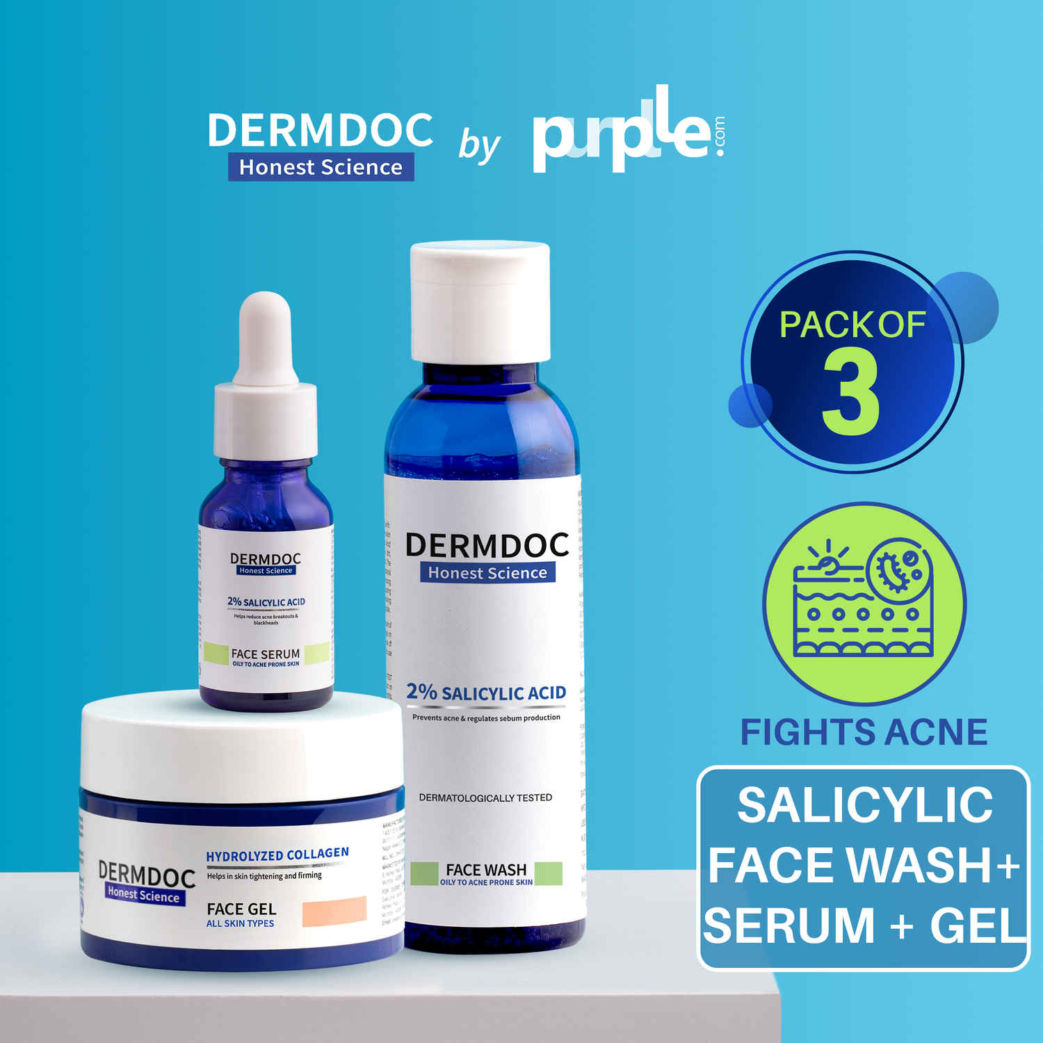 Buy DERMDOC Acne CTM Routine (Combo of 3) | 2% Salicylic Acid Face Wash (120ml) | 2% Salicylic Acid Face Serum (15ml) | Hydrolyzed Collagen Face Gel (50gm) - Purplle