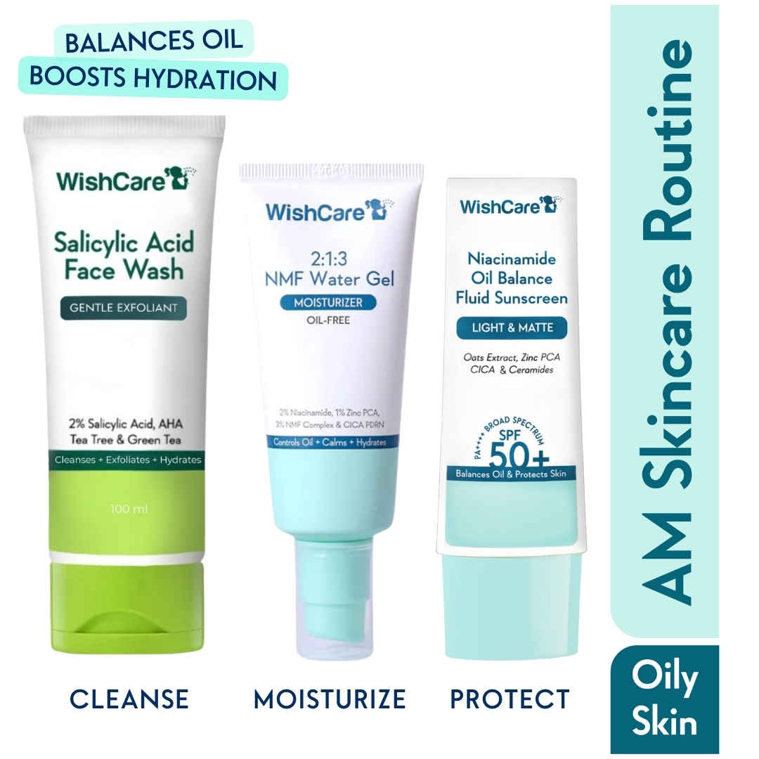 Buy WishCare AM Skincare Routine with Face Wash 100 ml, Moisturizer 50 ml and Sunscreen for Oily & Sensitive Skin 50 gm Combo of 3 - Purplle