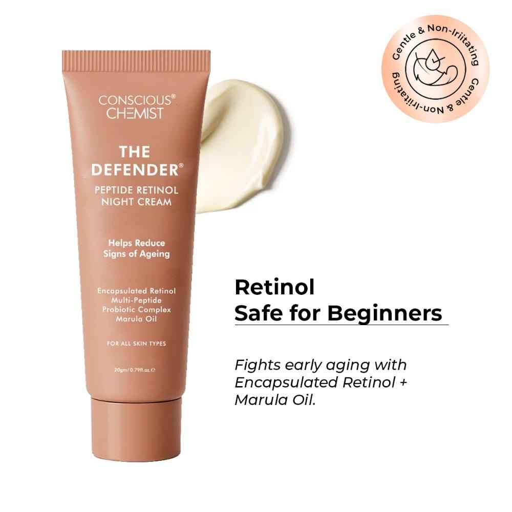 Buy Conscious Chemist The Defender Night Cream | 0.5% Retinol Moisturizer Cream | 20 gm | Night Cream Face Cream for Men & Women Multi peptide Anti aging cream Reduces Fine lines Neck lines & Wrinkles All Skin Types - Purplle