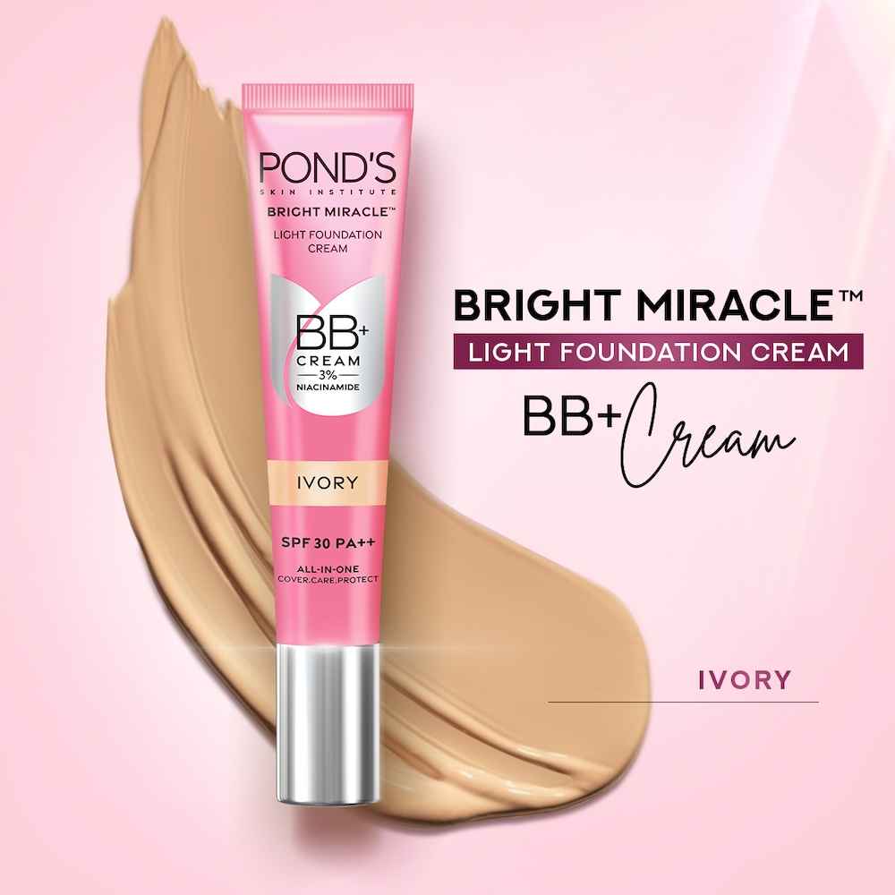 Buy Ponds BB+ Cream, Bright Miracle Light Foundation Cream , Ivory 9 gm - Purplle