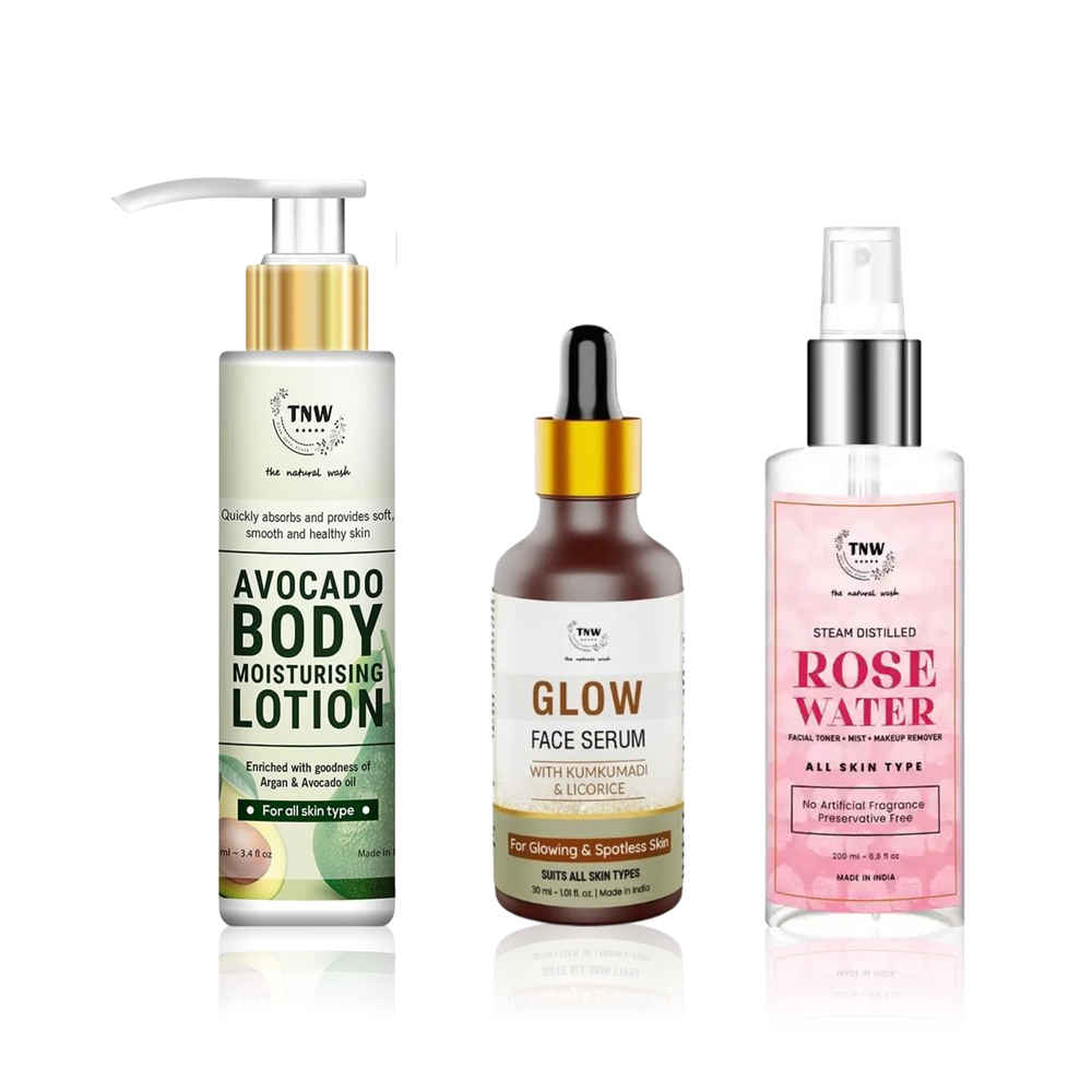 Buy TNW The Natural Wash Body Lotion Avocado (100 ml) + Rose Water Spray Bottle (200 ml) + Kumkumadi & Licorice Glow Face Serum (30 ml) | Combo of 3 - Purplle