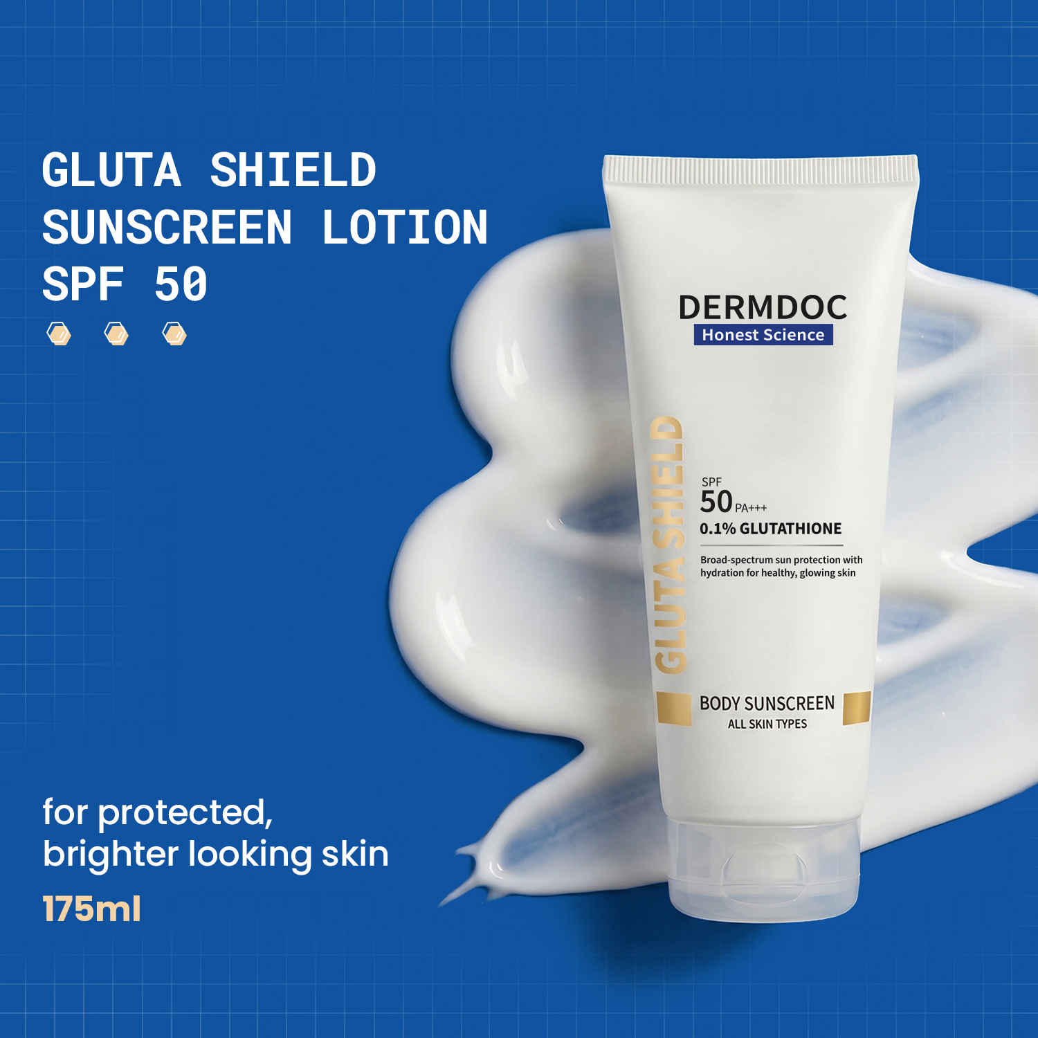 Buy DERMDOC Gluta Shield Body Sunscreen Lotion SPF 50 PA+++ | Body Lotion with SPF | Broad Spectrum UVA & UVB Protection | With Glutathione & Hyaluronic Acid | Brightening & Hydrating | Lightweight Non-Sticky Formula | All Skin Types | 175 ml - Purplle