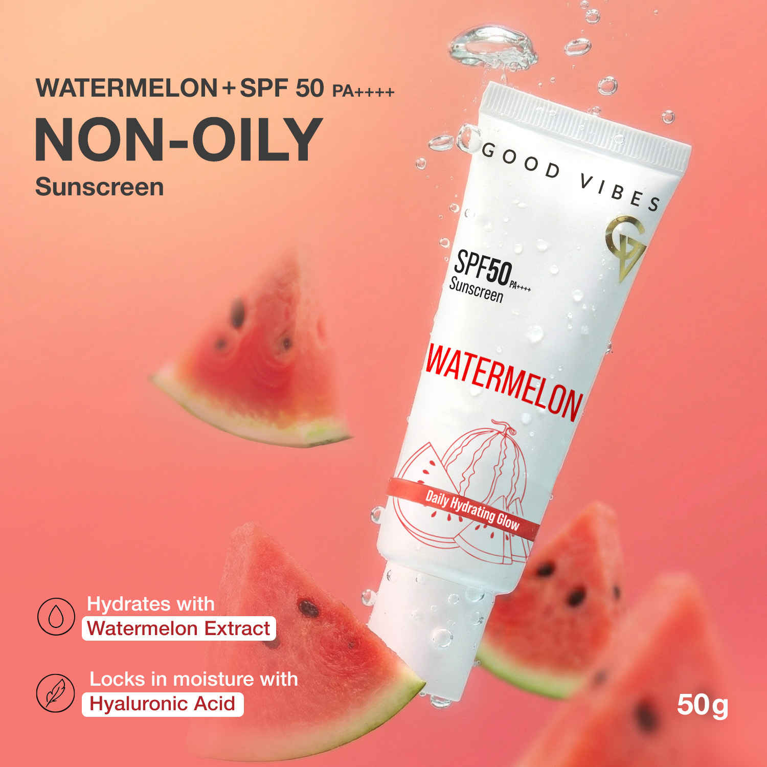 Buy Good Vibes Hydrating Watermelon Sunscreen SPF 50 PA++++ | With Watermelon Extract & Hyaluronic Acid | Lightweight Non-Sticky | No White Cast | Broad Spectrum UVA & UVB Protection | All Skin Types | 50 gm - Purplle