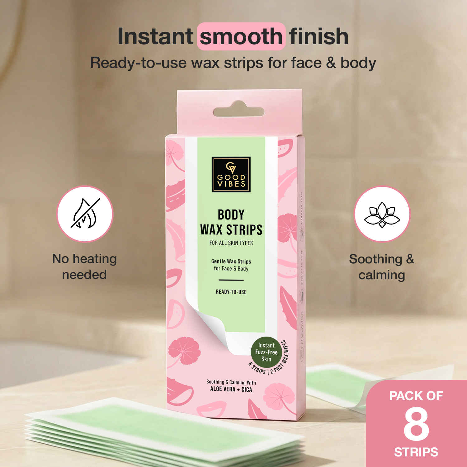 Buy Good Vibes Aloe Vera + Cica Body Wax Strips for Face & Body | Gentle Wax Strips | Ready To Use | For all skin types | Soothing & Calming | Instant Fuzz-Free Skin | 8 Wax Strips x 2 Post-Wax Wipes - Purplle