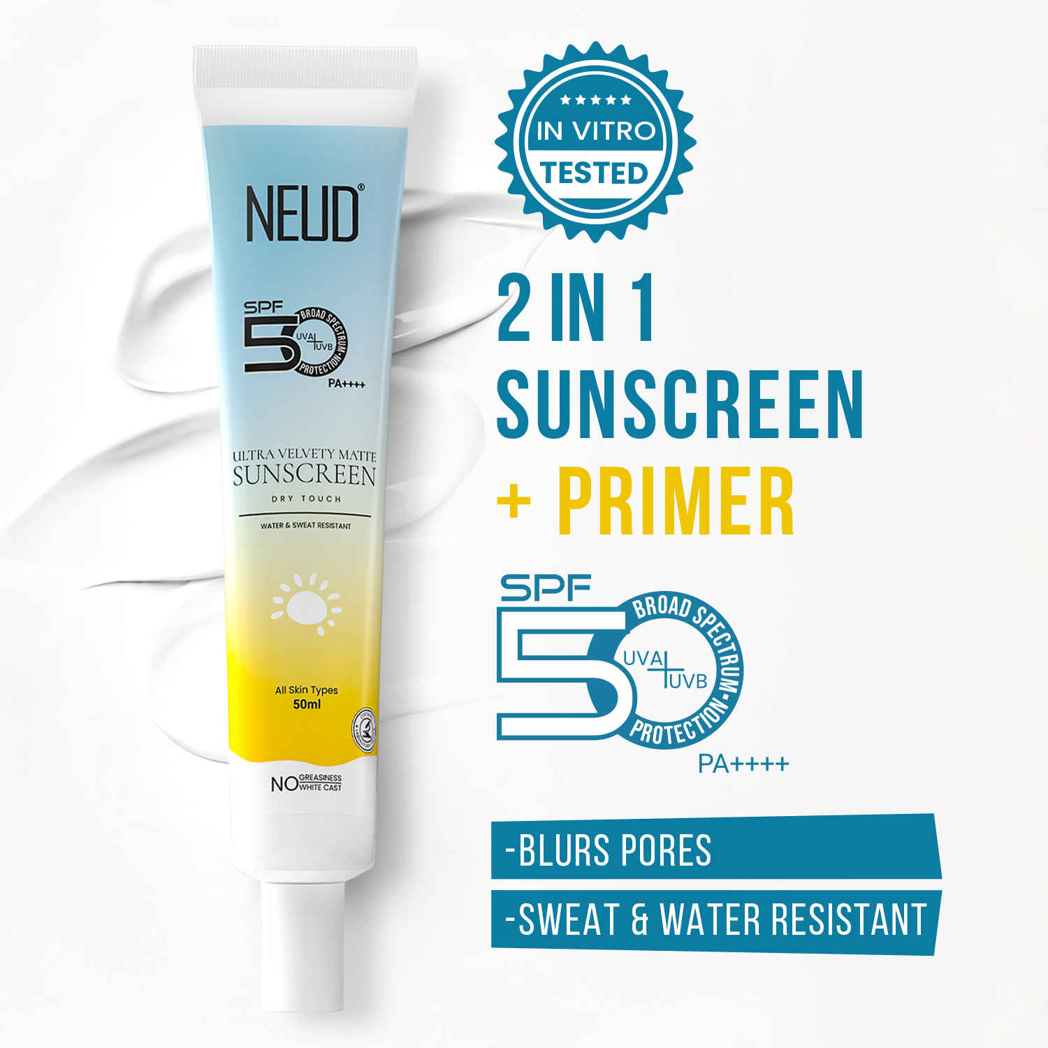 Buy Neud Ultra Velvety Matte Priming Sunscreen Spf 50++++ – Dry Touch, Sweat-Resistant, No White Cast (50 gm) - Purplle