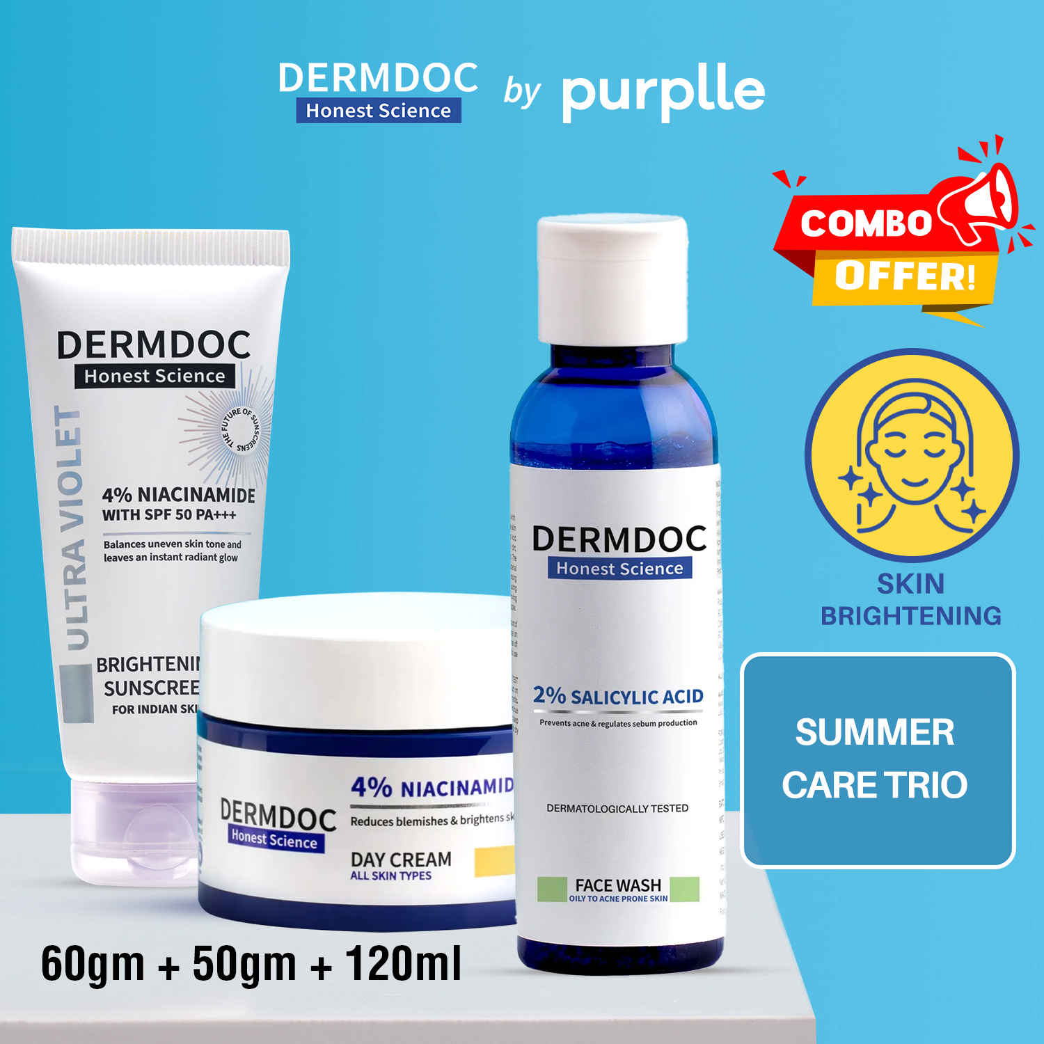 Buy DERMDOC Summer Care Trio (Combo of 3) | 2% Salicylic Acid Face Wash (120 ml) | 4% Niacinamide Day Cream (50 gm) | 4% Niacinamide Ultra Violet Brightening Sunscreen with SPF 50 PA+++ Sun Protection (60 gm)A - Purplle