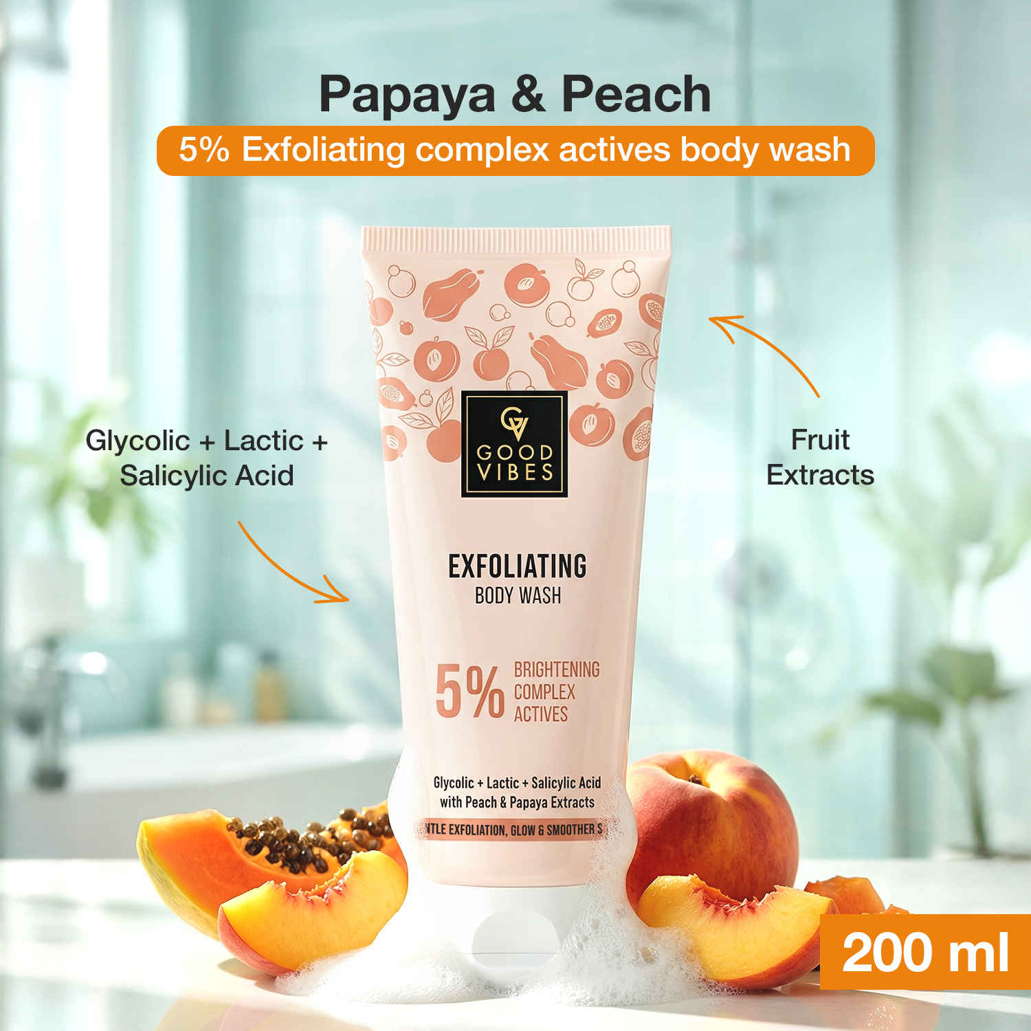 Buy Good Vibes Peach & Papaya AHA BHA Exfoliating Body Wash | 5% Brightening Complex | with Glycolic, Lactic & Salicylic Acid | Smoothens Rough Skin | Removes Dead Skin Build-Up | Soft & Glowing Skin | 200 ml - Purplle