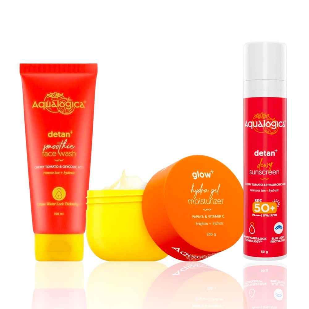 Buy Aqualogica Glow & Detan Combo: Aqualogica Glow+ Hydra Gel Moisturizer (200 gm) + Aqualogica Detan+ Face Wash (100 ml) + Aqualogica Detan+ Sunscreen Gel SPF 50+ PA++++ (50 gm) Combo of 3 - Purplle
