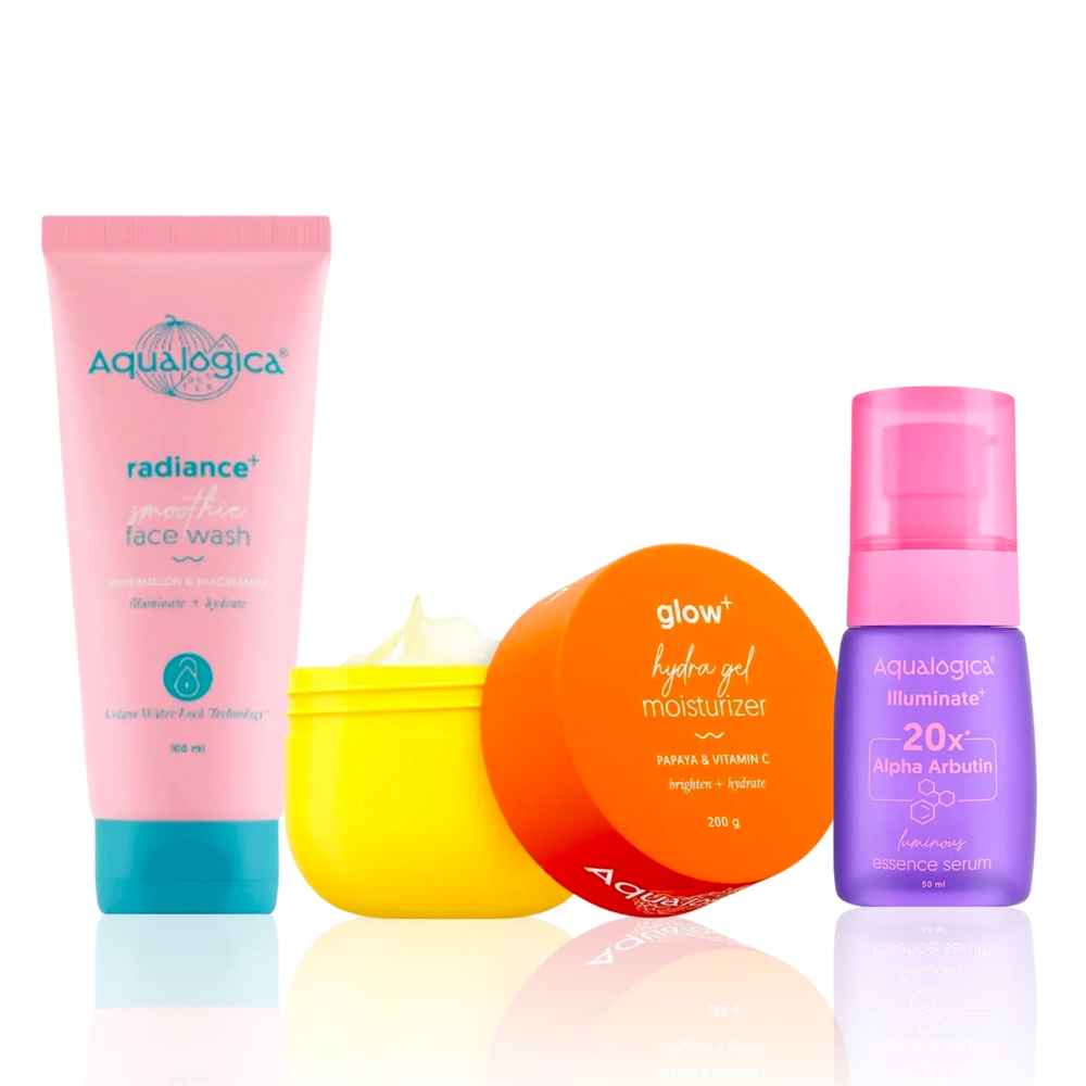 Buy Aqualogica Glow & Radiance Trio: Glow+ Hydra Gel Moisturizer (200 gm) + Radiance+ Smoothie Face Wash (100 ml) + Illuminate+ Alpha Arbutin Essence Serum (50 ml) Combo of 3 - Purplle