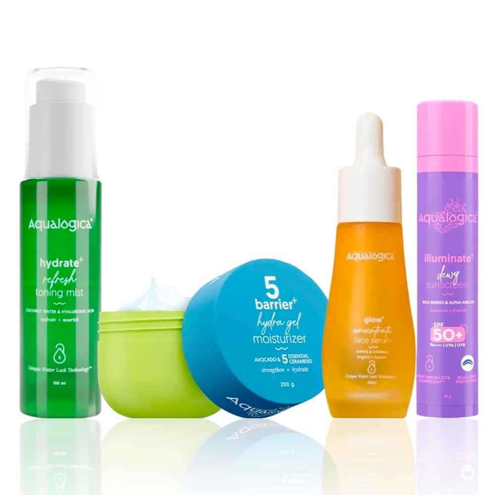 Buy Aqualogica Glow & Barrier Care Quad: Illuminate+ Sunscreen SPF 50+ (50 gm) + Barrier+ Hydra Gel Moisturizer (200 gm) + Glow+ Face Serum (30 ml) + Hydrate+ Toning Mist (100 ml) Combo of 4 - Purplle