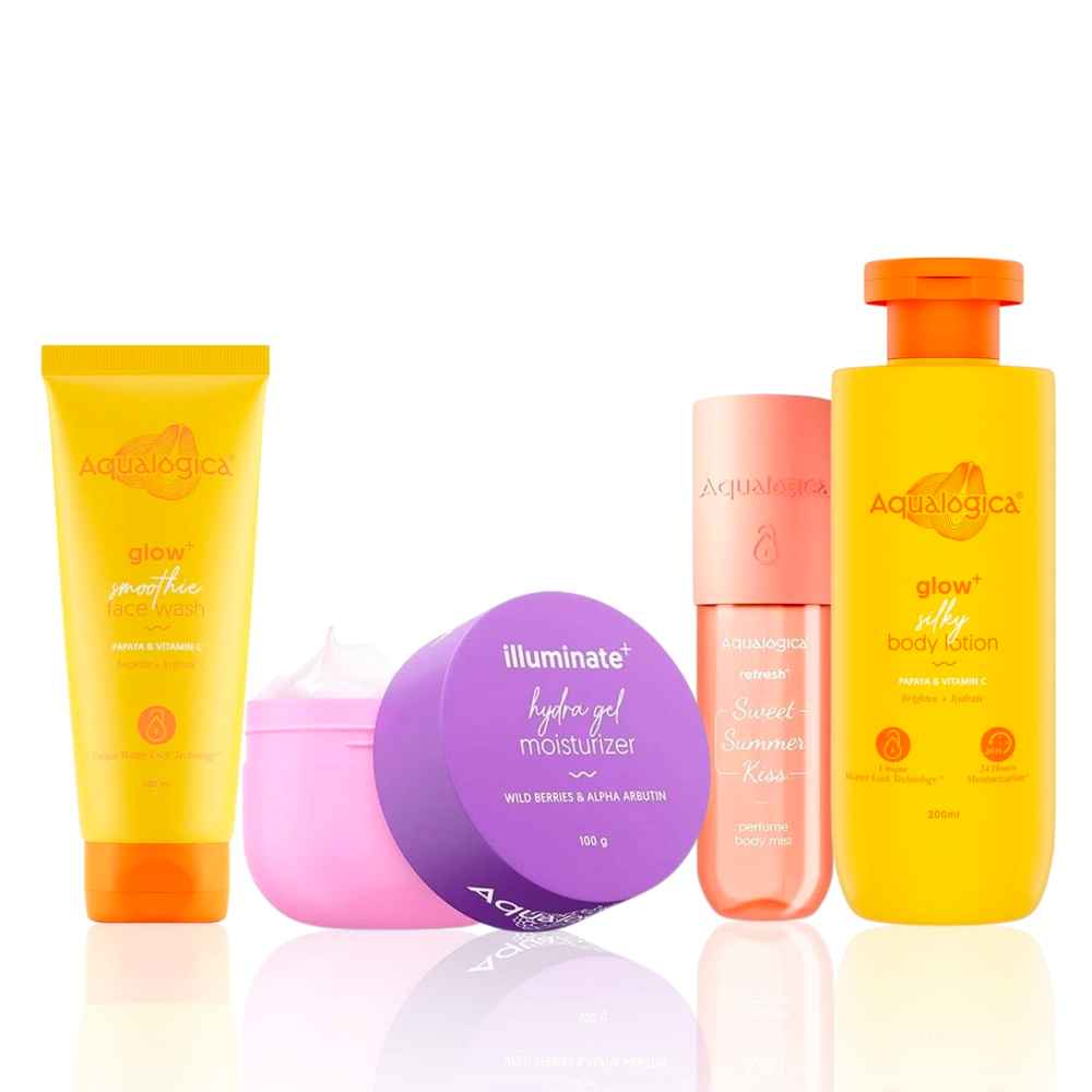 Buy Aqualogica Berry & Papaya Glow Quad: Illuminate+ Hydra Gel Moisturizer (200 gm) + Glow+ Smoothie Face Wash (100 ml) + Glow+ Silky Body Lotion (200 ml) + Refresh+ Perfume Body Mist (150 ml) Combo of 4 - Purplle