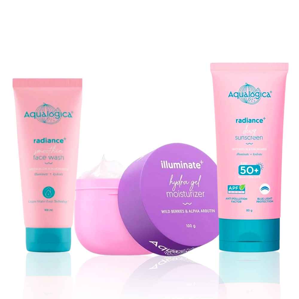 Buy Aqualogica Radiance & Oil Control Trio: Illuminate+ Hydra Gel Moisturizer (200 gm) + Radiance+ Smoothie Face Wash (100 ml) + Radiance+ Dewy Sunscreen SPF 50+ (80 gm) Combo of 3 - Purplle