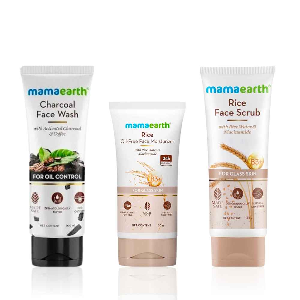 Buy Mamaearth Complete Oil Control Combo (Mamaearth Rice Face Scrub 100 gm + Mamaearth Charcoal Natural Face Wash 100 ml + Mamaearth Rice Oil-Free Face Moisturizer 50 gm) - Combo of 3 - Purplle