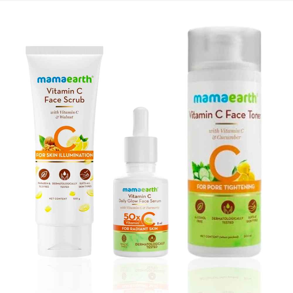 Buy Mamaearth Vitamin C Glow Combo: Face Scrub with Vitamin C & Walnut (100 gm) + Face Toner with Vitamin C & Cucumber (200 ml) + Daily Glow Face Serum with Vitamin C & Turmeric (8 ml) - Combo of 3 - Purplle