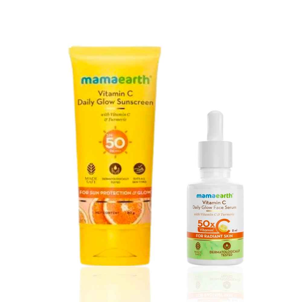 Buy Mamaearth Vitamin C Glow & Protect Duo: Daily Glow Sunscreen SPF 50 & PA+++ (50 gm) + Daily Glow Face Serum with Vitamin C & Turmeric (8 ml) - Combo of 2 - Purplle