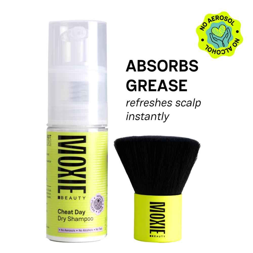 Buy Moxie Beauty Cheat Day Dry Shampoo and Dusting Brush| Absorbs Oil & Refreshes Greasy Roots | No Alcohol or Aerosols - 100% Plant-based | No white-cast or buildup | Combo (1 Dry Shampoo - 30 gm & 1 Dusting Brush) - Purplle