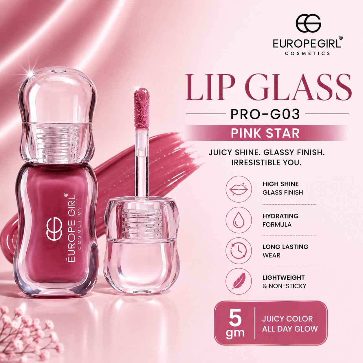 Buy Europegirl Cosmetics Lip Glass Pro-G03 Pink Star 5 gm - Purplle