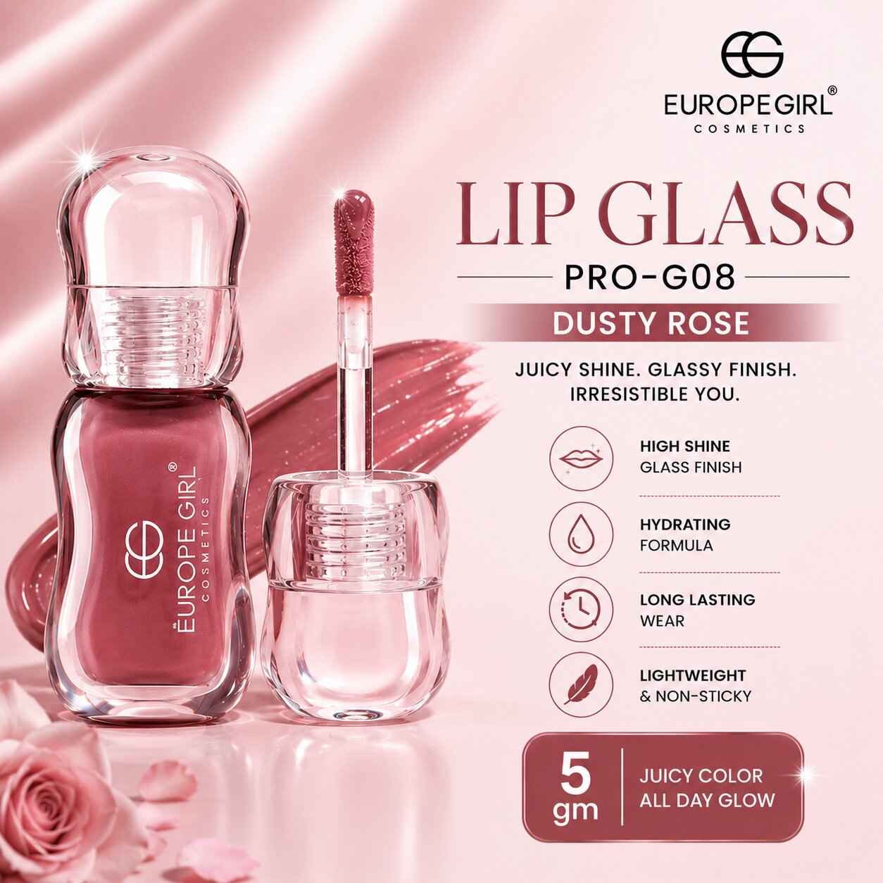 Buy Europegirl Cosmetics Lip Glass Pro-G08 Dusty Rose 5 gm - Purplle