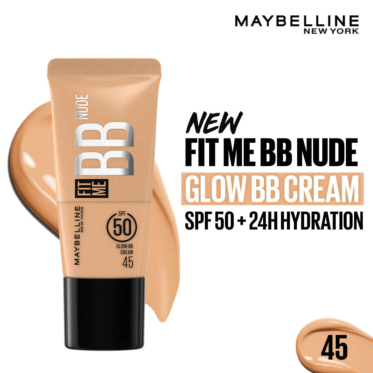 Buy Maybelline New York Fit Me BB Nude Glow BB Cream, SPF 50 + 24H Hydration With Niacinamide & Hyaluronic Acid, Dewy Finish for Normal to Dry Skin - 45, 25 ml - Purplle