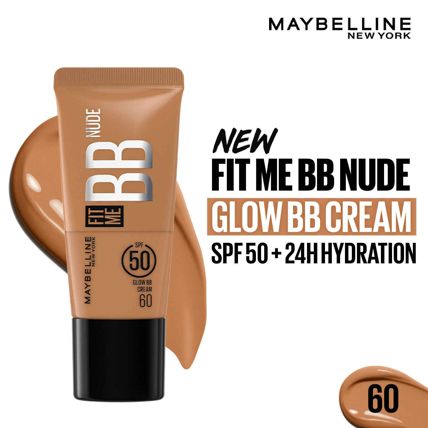 Buy Maybelline New York Fit Me BB Nude Glow BB Cream, SPF 50 + 24H Hydration With Niacinamide & Hyaluronic Acid, Dewy Finish for Normal to Dry Skin - 60, 25 ml - Purplle