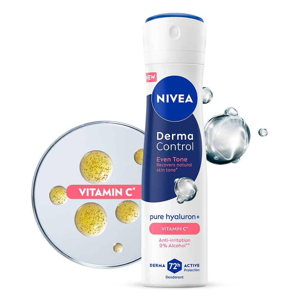 Buy Nivea Derma Control Eventone, 0%Alcohol, Pure Hyaluron & Vitc Underarm Deo Spray Women 150 ml - Purplle
