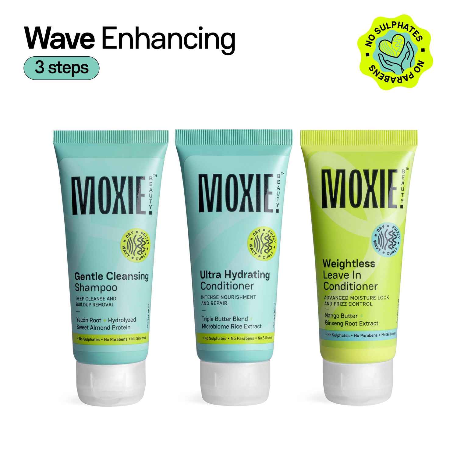 Buy Moxie Beauty Wavy Essentials Travel Trio - Shampoo (50 ml) , Conditioner (50 ml) & Leave-in Conditioner (50 ml) for Wavy Hair Combo of 3 - Purplle