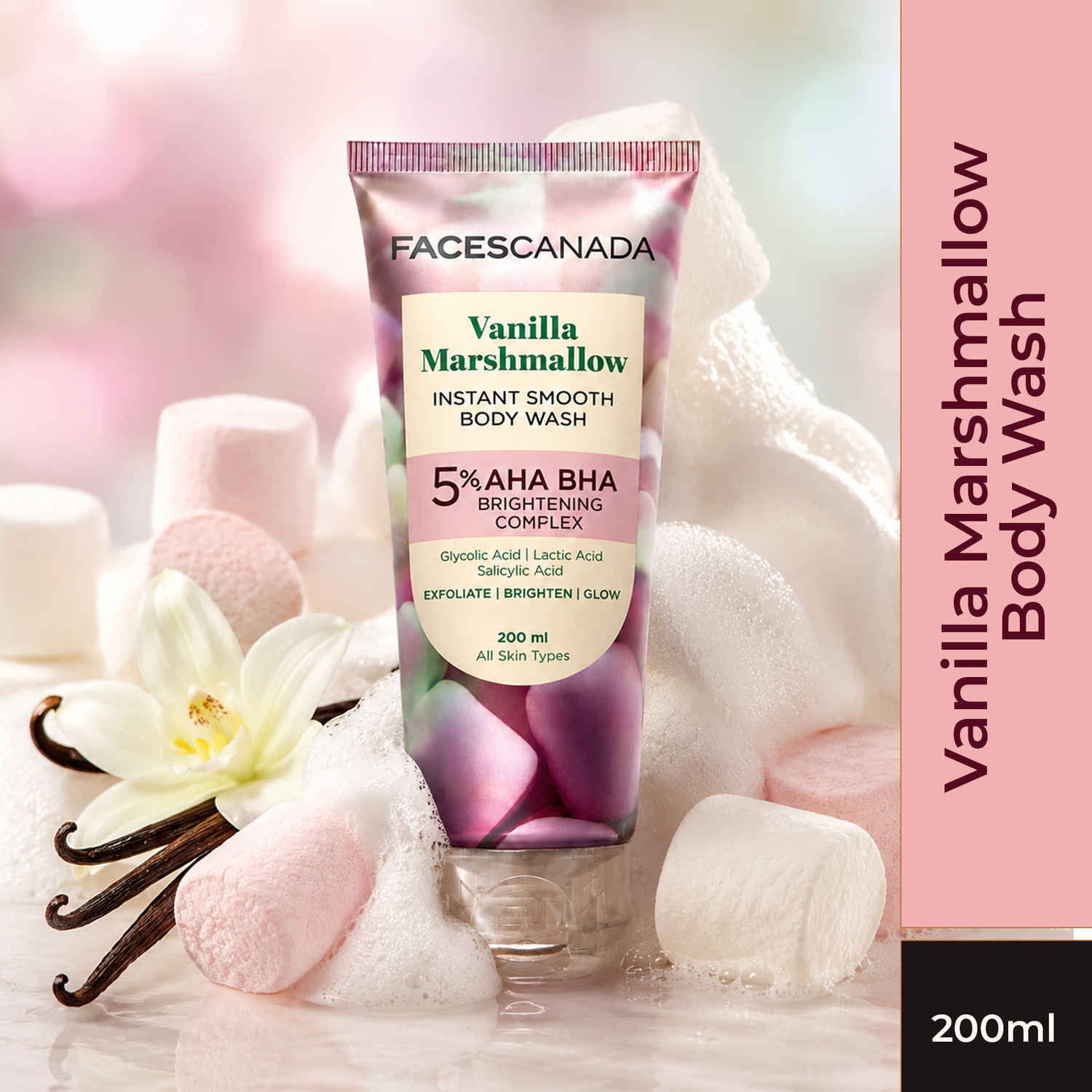 Buy FACES CANADA Vanilla Marshmallow Body Wash for Women (200 ml) | Sweet Vanilla Scented Shower Gel | Brightening, Exfoliating & Hydrating | 5% AHA BHA & Glycolic Acid | Smooth Glowing Skin - Purplle