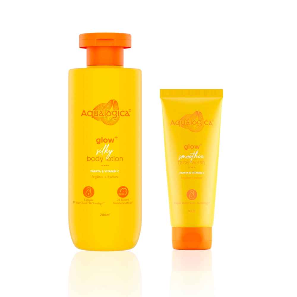 Buy Aqualogica Glow+ Cleanse & Body Hydration Combo (Glow+ Smoothie Face Wash – 100 ml + Glow+ Silky Body Lotion – 200 ml) Combo of 2 - Purplle