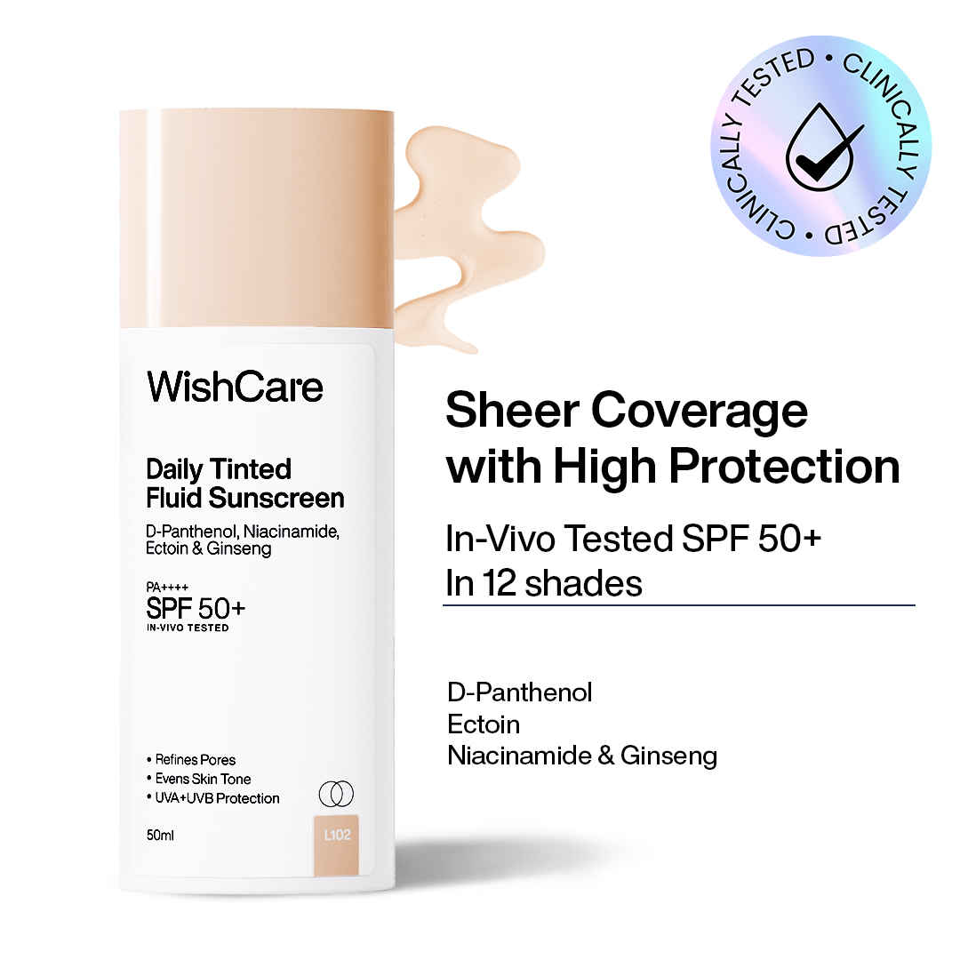 Buy WishCare Daily Tinted Fluid Sunscreen SPF50 PA++++|L102| Broad Spectrum Protection for all skin types| In-Vivo Tested| D-Panthenol, Niacinamide, Ectoin & Ginseng | Evens & Protects | 50 ml - Purplle