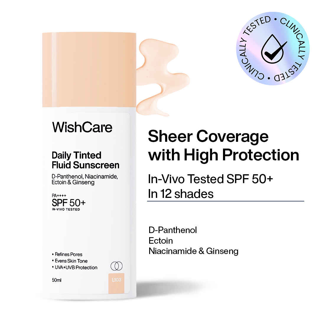 Buy WishCare Daily Fluid Tinted Sunscreen SPF50 PA++++|L103| Broad Spectrum Protection for all skin types| In-Vivo Tested| D-Panthenol, Niacinamide, Ectoin & Ginseng | Evens & Protects | 50 ml - Purplle