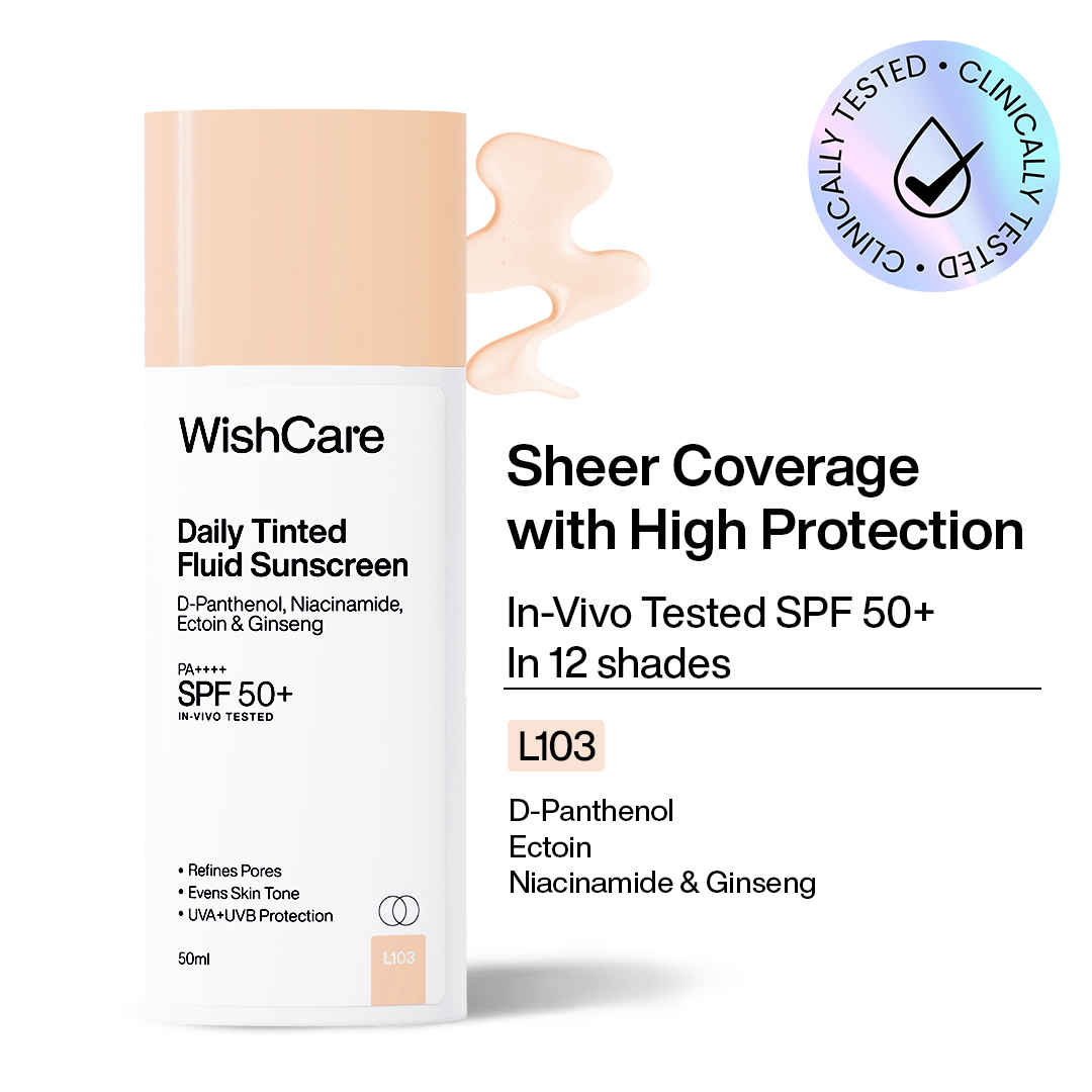 Buy WishCare Daily Fluid Tinted Sunscreen SPF50 PA++++|L103| Broad Spectrum Protection for all skin types| In-Vivo Tested| D-Panthenol, Niacinamide, Ectoin & Ginseng | Evens & Protects | 50 ml - Purplle