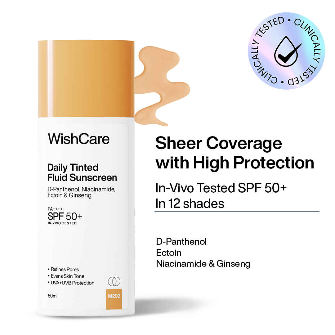 Buy WishCare Daily Fluid Tinted Sunscreen SPF50 PA++++|M202| Broad Spectrum Protection for all skin types| In-Vivo Tested| D-Panthenol, Niacinamide, Ectoin & Ginseng | Evens & Protects | 50 ml - Purplle