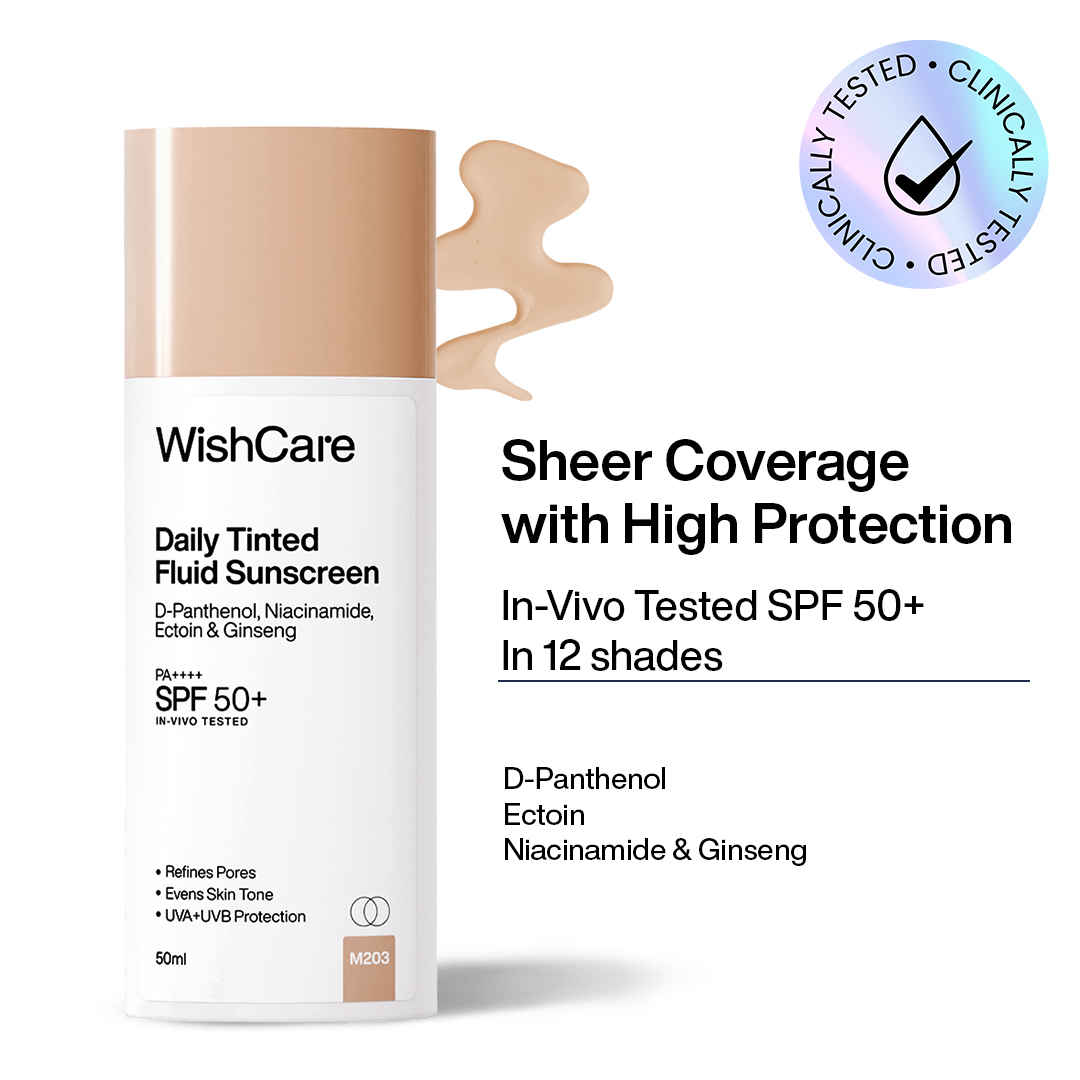 Buy WishCare Daily Tinted Fluid Sunscreen SPF50 PA++++|M203| Broad Spectrum Protection for all skin types| In-Vivo Tested| D-Panthenol, Niacinamide, Ectoin & Ginseng | Evens & Protects | 50 ml - Purplle