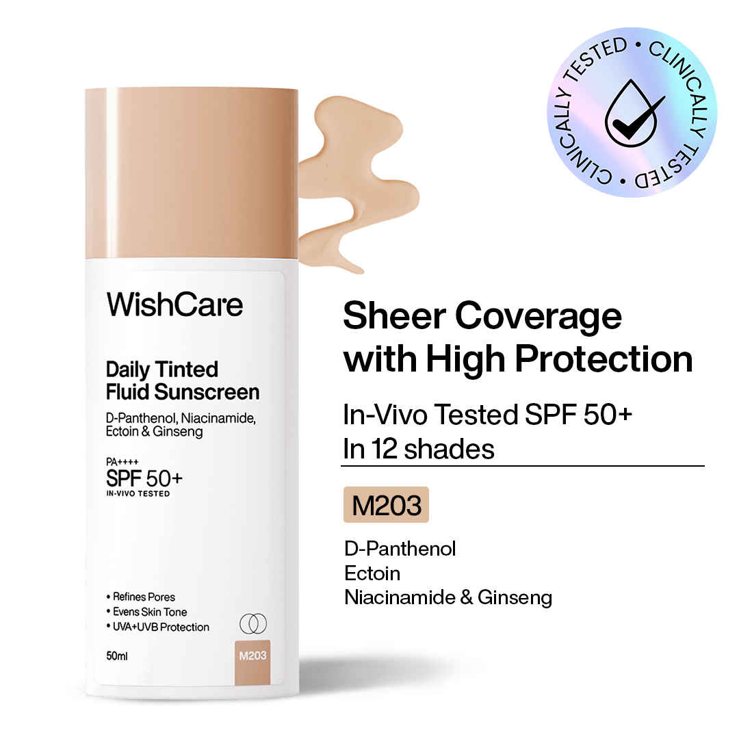Buy WishCare Daily Fluid Tinted Sunscreen SPF50 PA++++|M203| Broad Spectrum Protection for all skin types| In-Vivo Tested| D-Panthenol, Niacinamide, Ectoin & Ginseng | Evens & Protects | 50 ml - Purplle