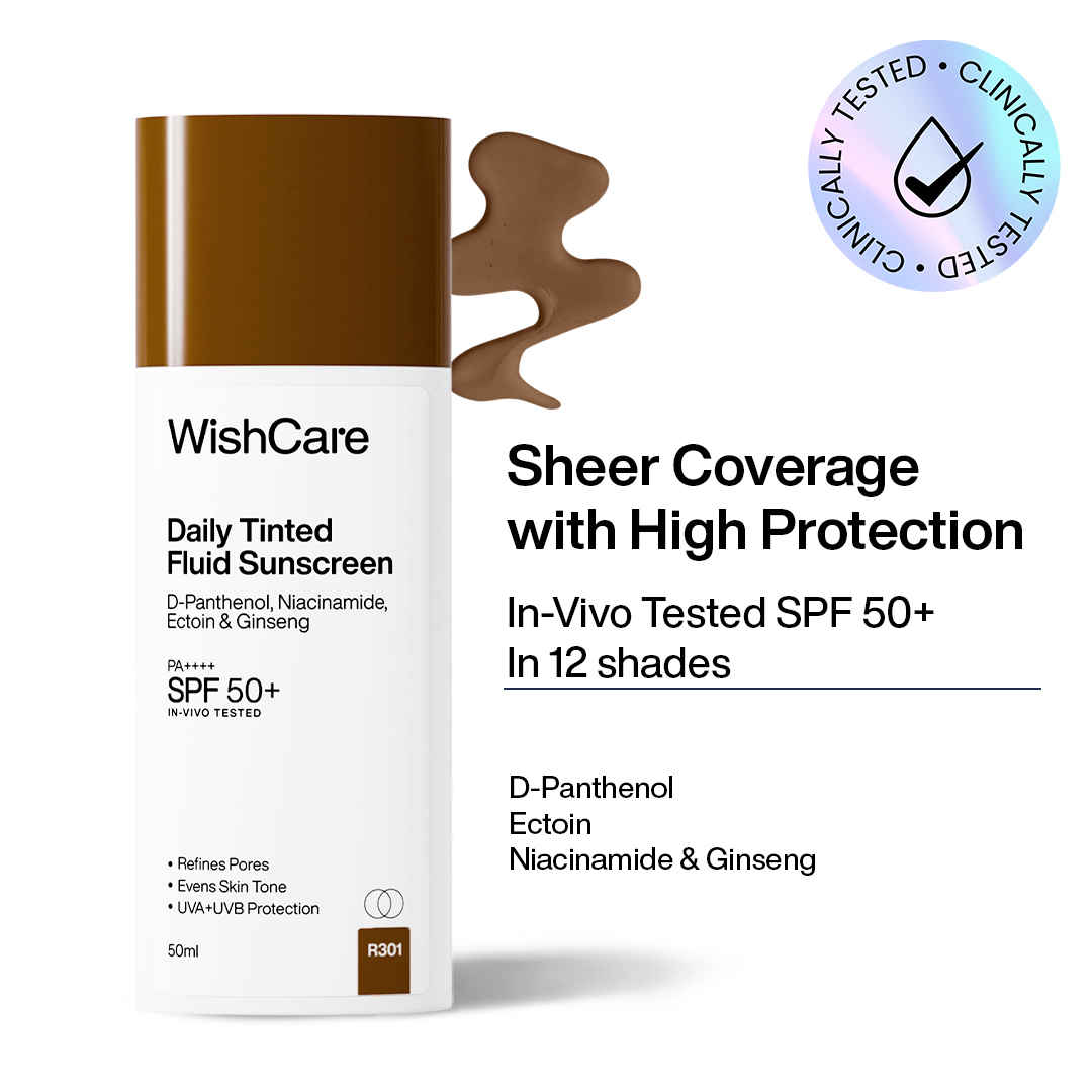 Buy WishCare Daily Tinted Fluid Sunscreen SPF50 PA++++|R301| Broad Spectrum Protection for all skin types| In-Vivo Tested| D-Panthenol, Niacinamide, Ectoin & Ginseng | Evens & Protects | 50 ml - Purplle