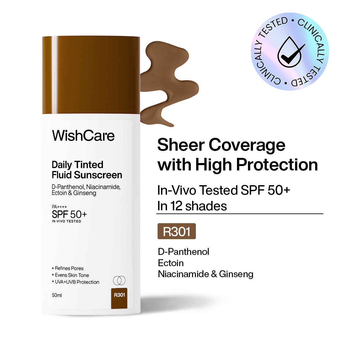 Buy WishCare Daily Fluid Tinted Sunscreen SPF50 PA++++|R301| Broad Spectrum Protection for all skin types| In-Vivo Tested| D-Panthenol, Niacinamide, Ectoin & Ginseng | Evens & Protects | 50 ml - Purplle