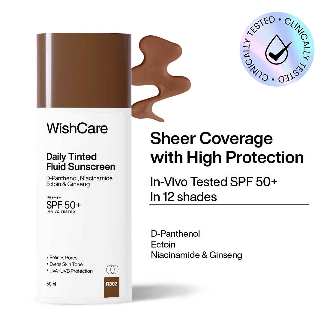 Buy WishCare Daily Tinted Fluid Sunscreen SPF50 PA++++|R302| Broad Spectrum Protection for all skin types| In-Vivo Tested| D-Panthenol, Niacinamide, Ectoin & Ginseng | Evens & Protects | 50 ml - Purplle